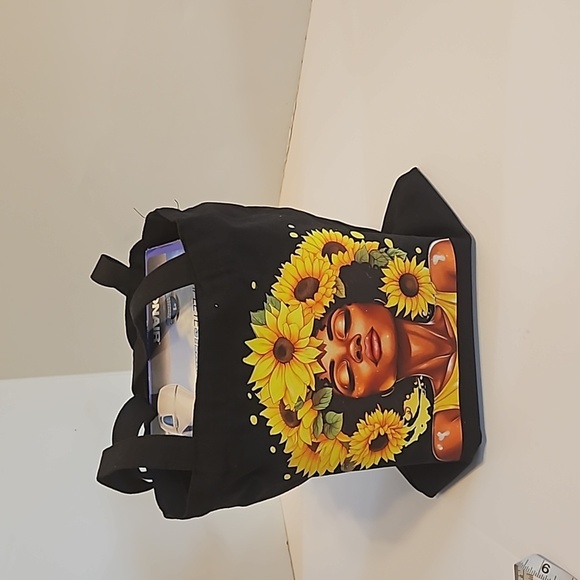 Hand Crafred Reusable Tote Bag Sunflower Motif Black Canvas Bag Multicolored 13" - Picture 16 of 17